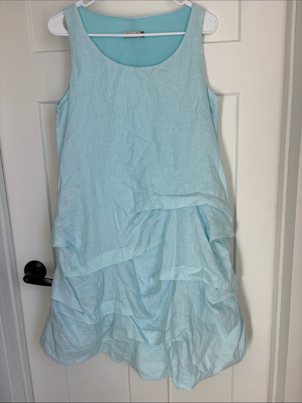 100% Linen Chalet Sleeveless Tiered Mini Dress in Pale Blue